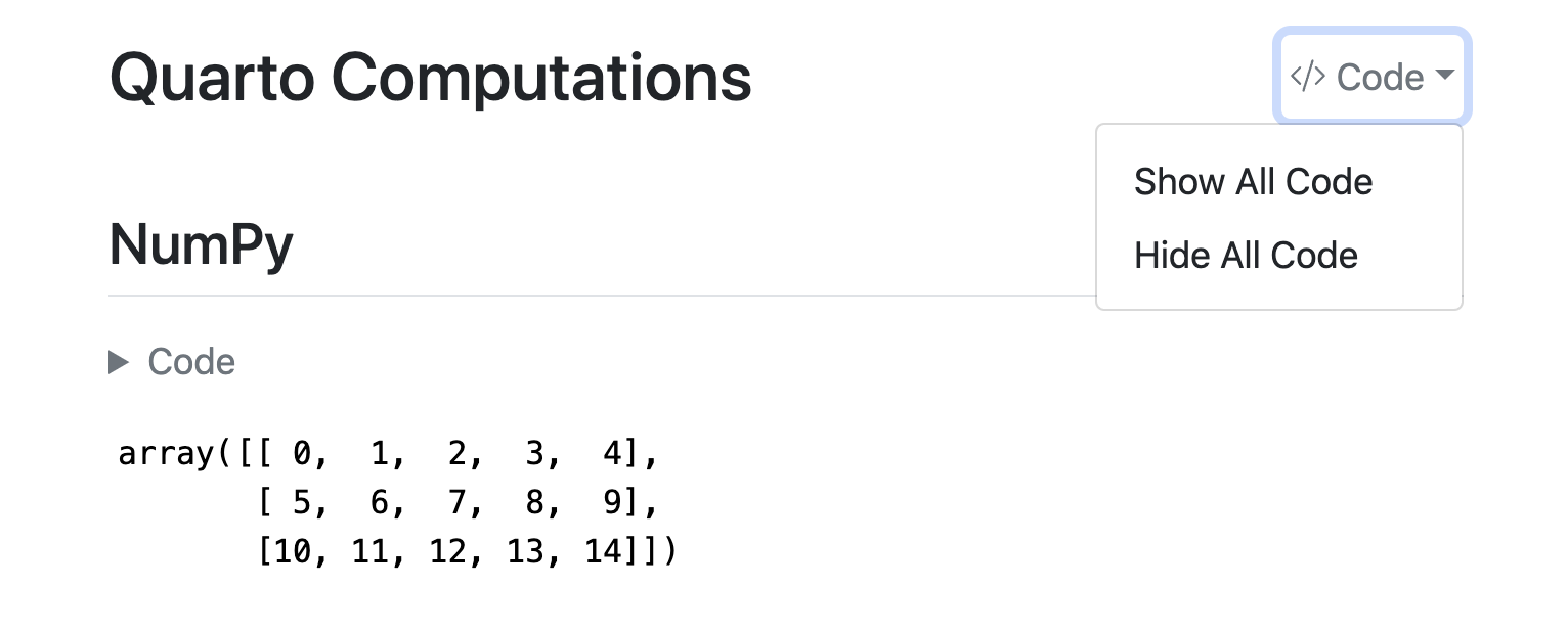 Output of notebook with 'code-tools: true' which includes a Code dropdown button next to the document header with two options: Show All Code, and Hide All Code.