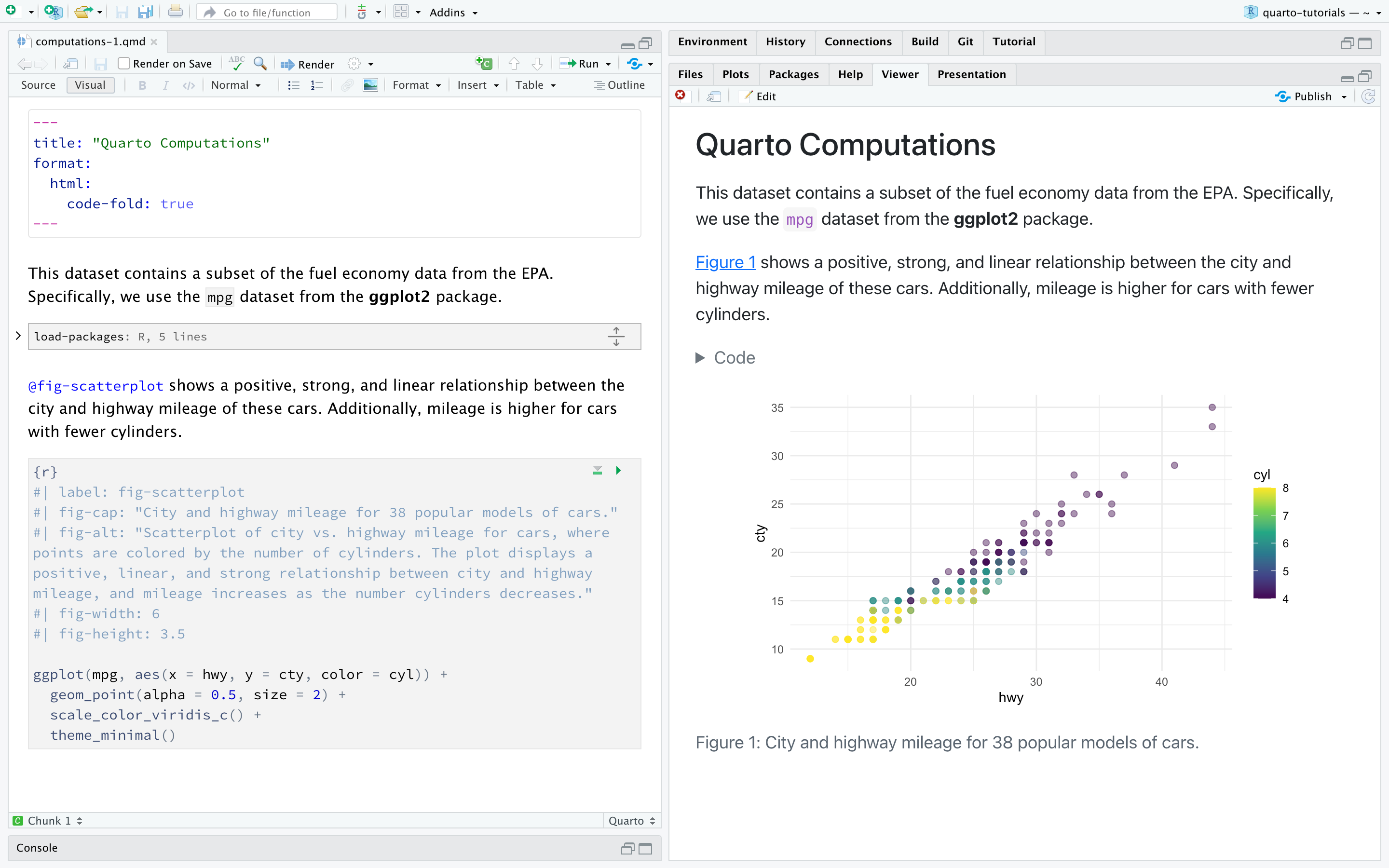 RStudio with computations.qmd open. On the right is the visual editor. The YAML has title and format defined. Title is Quarto Computations. Format is html, and code-fold option is set to true. Compared to earlier images on the page, the code chunk shows the new chunk options added to the code chunk. On the right is the rendered version of the document. The title is followed by some text, which is followed by a Code widget that would expand if clicked on, which is followed by some more text, another code widget, and finally the plot. The Code widgets are folded, so the code is not visible in the rendered document.